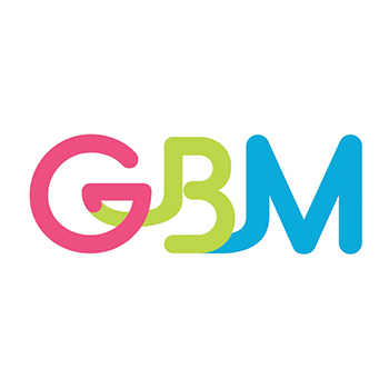 Letters GBM in the brand's pink, green and blue colors